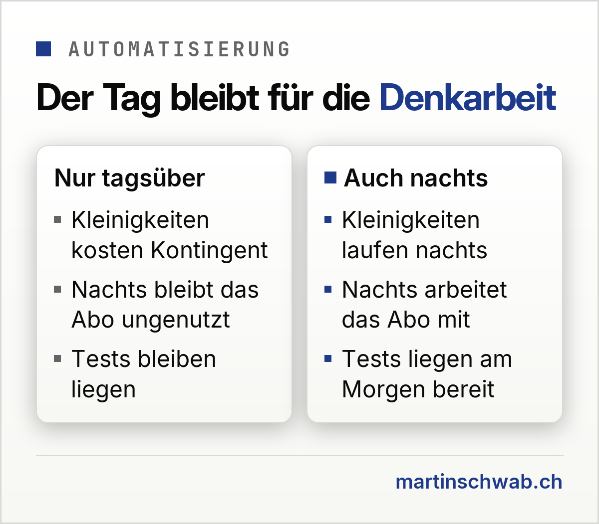 Vergleich: Arbeitet die KI nur tagsüber, kosten Kleinigkeiten Kontingent, nachts bleibt das Abo ungenutzt und Tests bleiben liegen. Arbeitet sie auch nachts, laufen Kleinigkeiten nachts, das Abo arbeitet nachts mit und die Tests liegen am Morgen bereit.