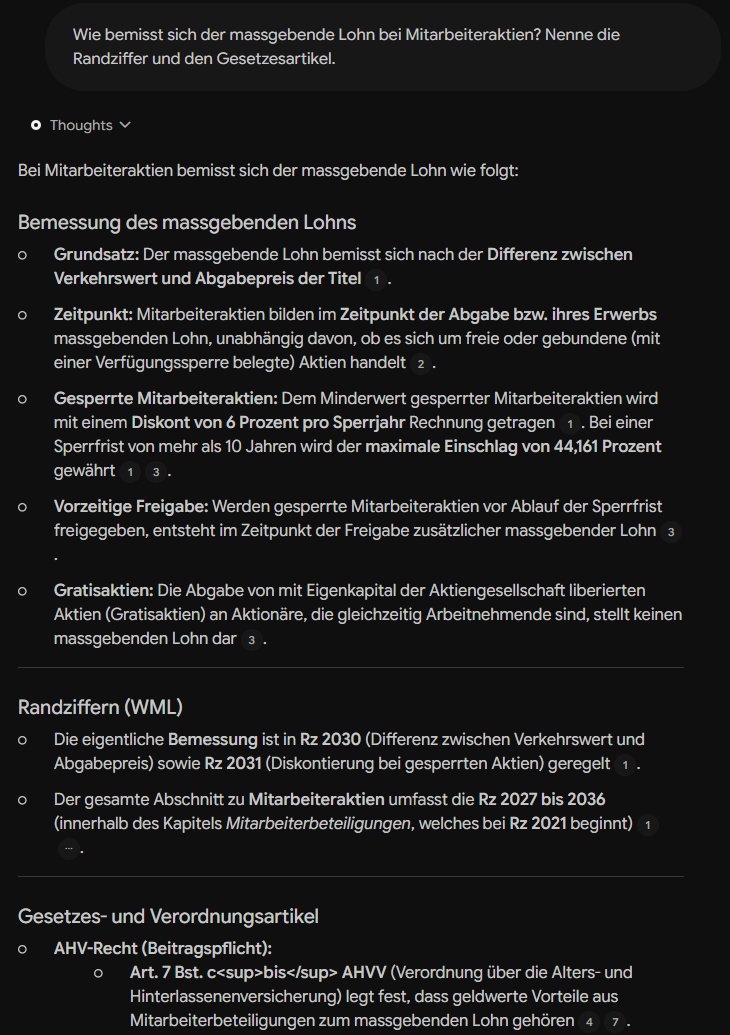 Antwort von NotebookLM auf die Frage nach dem massgebenden Lohn bei Mitarbeiteraktien, mit Randziffern und nummerierten Quellenangaben