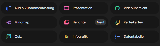 Bereich Studio in NotebookLM mit den Werkzeugen Audio-Zusammenfassung, Präsentation, Videoübersicht, Mindmap, Berichte, Karteikarten, Quiz, Infografik und Datentabelle
